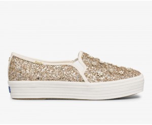 Keds x Kate Spade New York Triple Decker Glitter Flowers Slip On Damen Gold | MOL241906